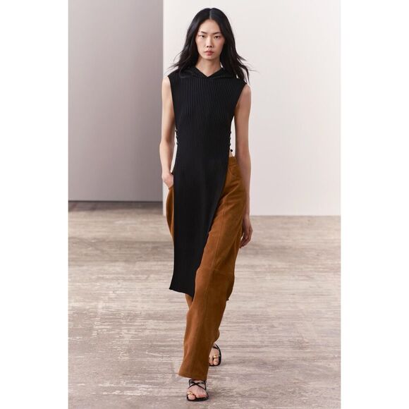 ZARA Hooded Ribbed Knit Tunic Black - Picture 1 of 10